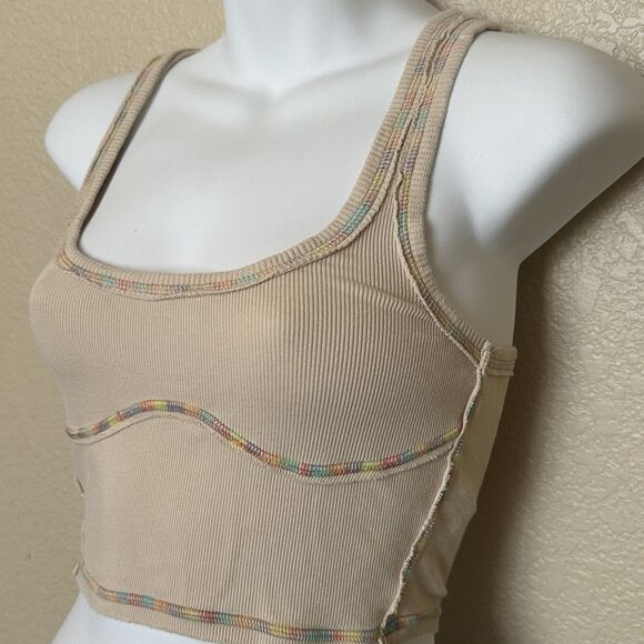 urban outfitters top Out From Under Cropped Tank Top Rainbow Seams Small Tan - Picture 2 of 4